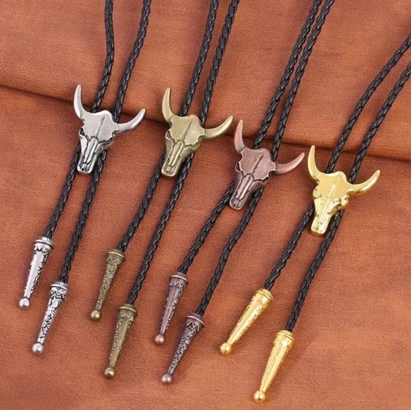 New Gold bull steer leather bolo tie - Picture 3 of 4
